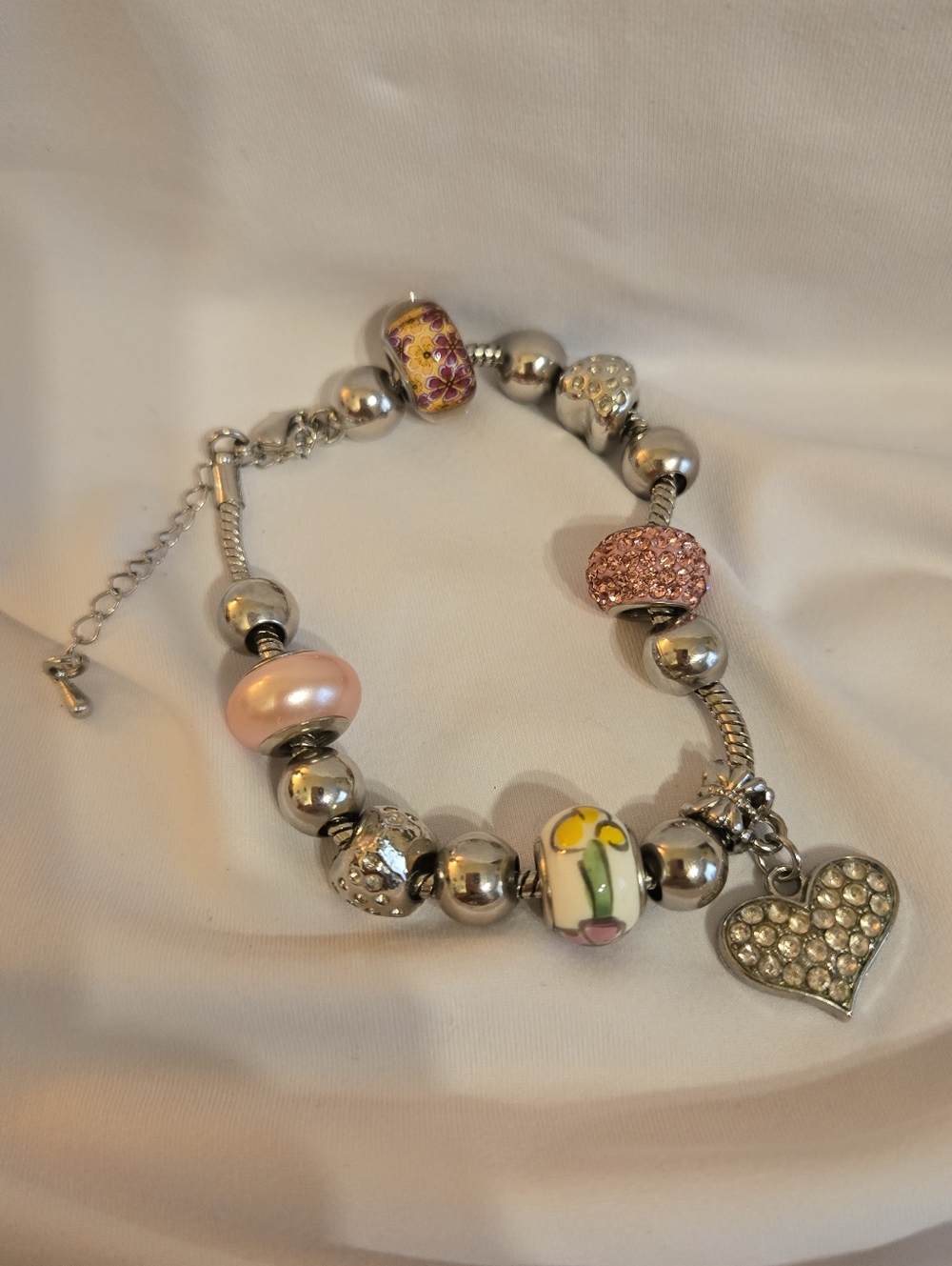 Silver-tone Charm Bracelet with Pink, Yellow and Peach Murano-Style Beads